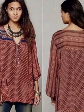 Free People Beaded Chiffon Tunic Long Sleeve M